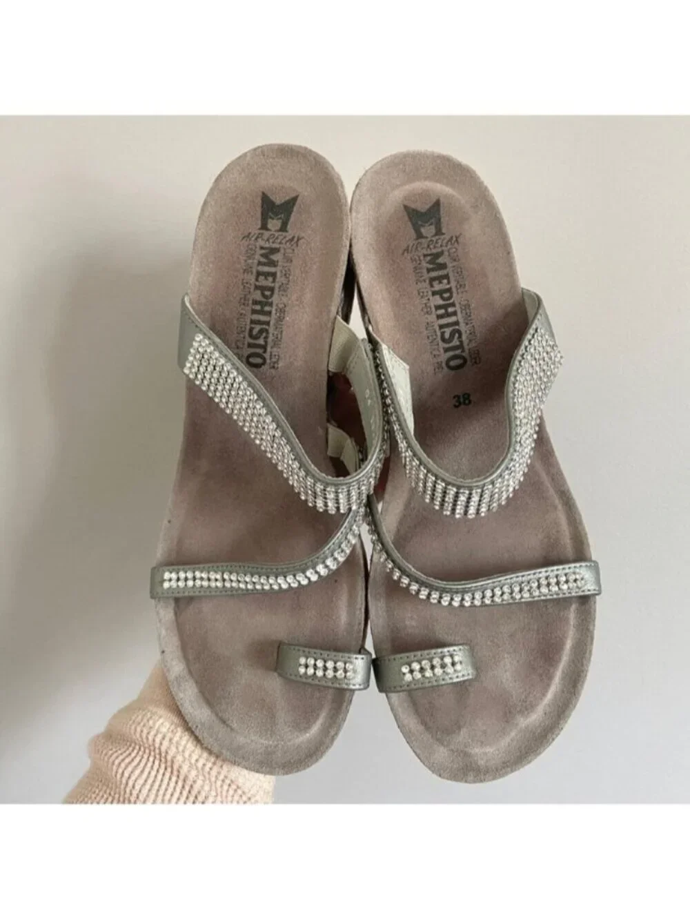 Mephisto Silver Rhinestone Leather Strap Wedge Milly Sandals - 38 / 7.5-8US